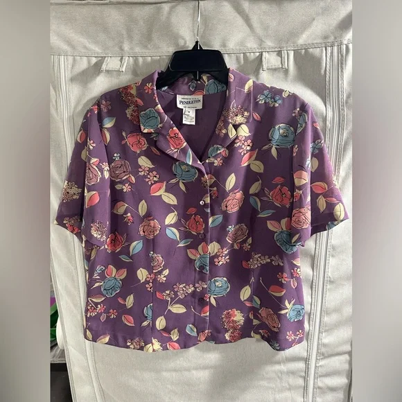 Pendleton Floral Short Sleeve Button Up Blouse Cropped Pruple Collar Sz 16 - Picture 2 of 6